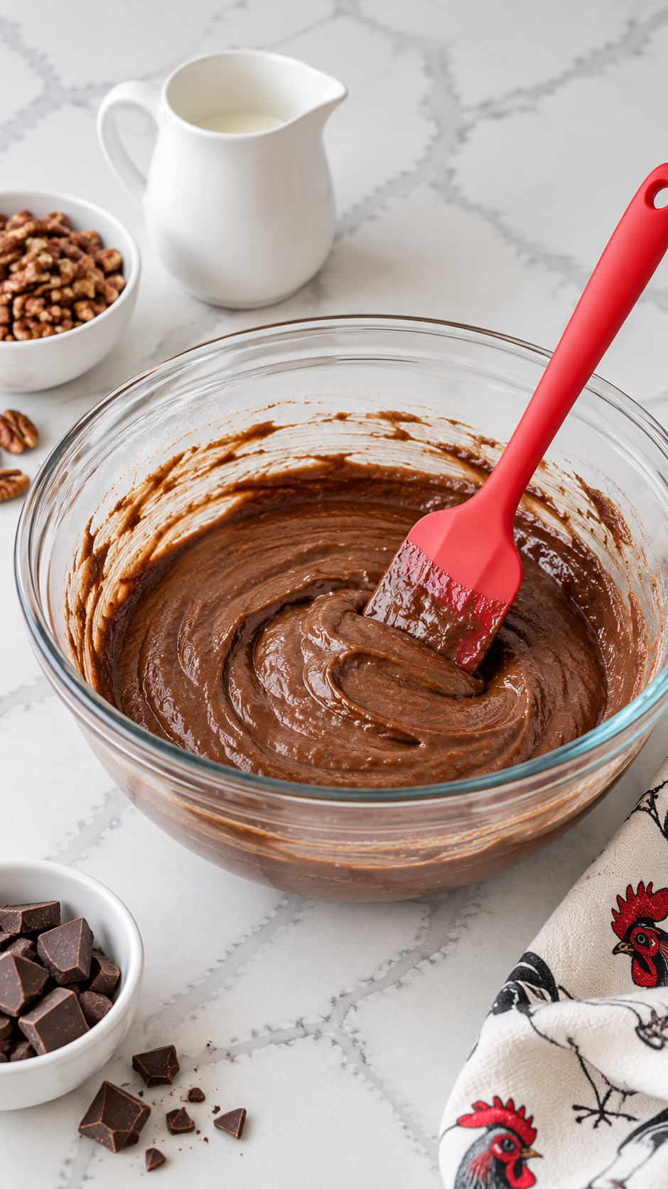 Chocolate cake batter in a clear glass mixing bowl with a red silicone spatula.