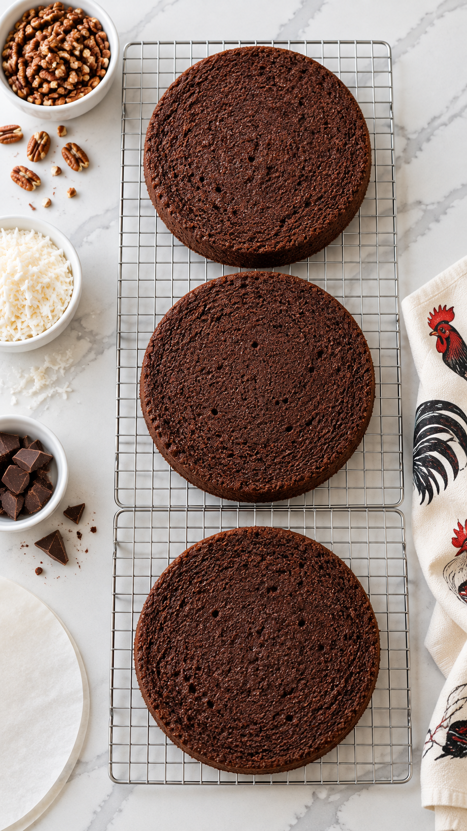 Three baked chocolate cake layers cooling on wire racks.