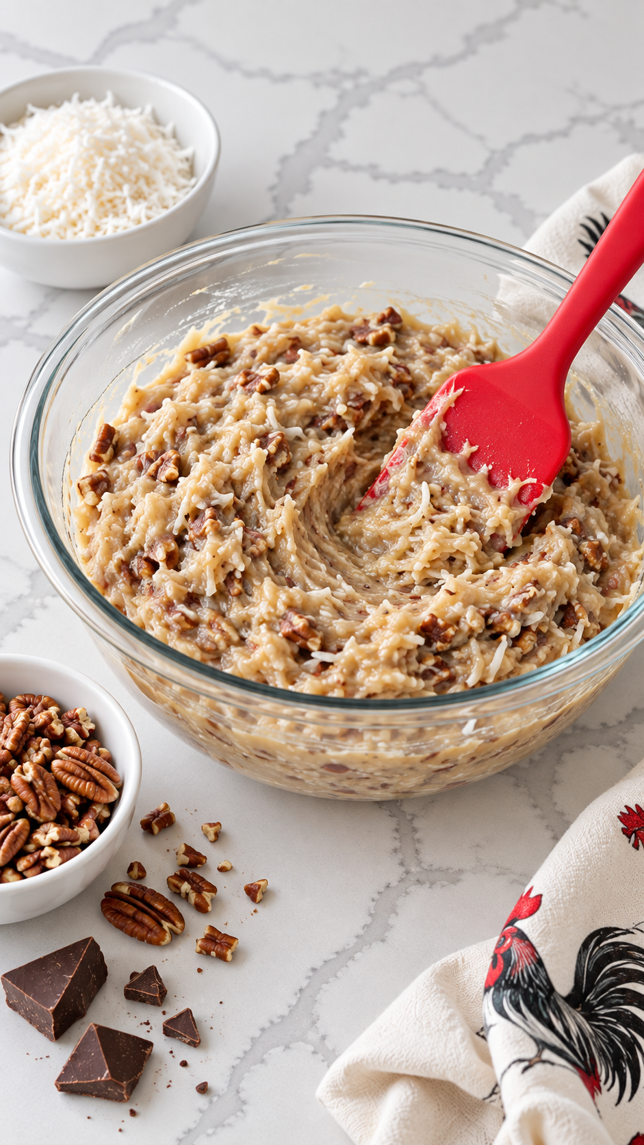 Thick coconut-pecan frosting in a clear glass bowl, ready for spreading.