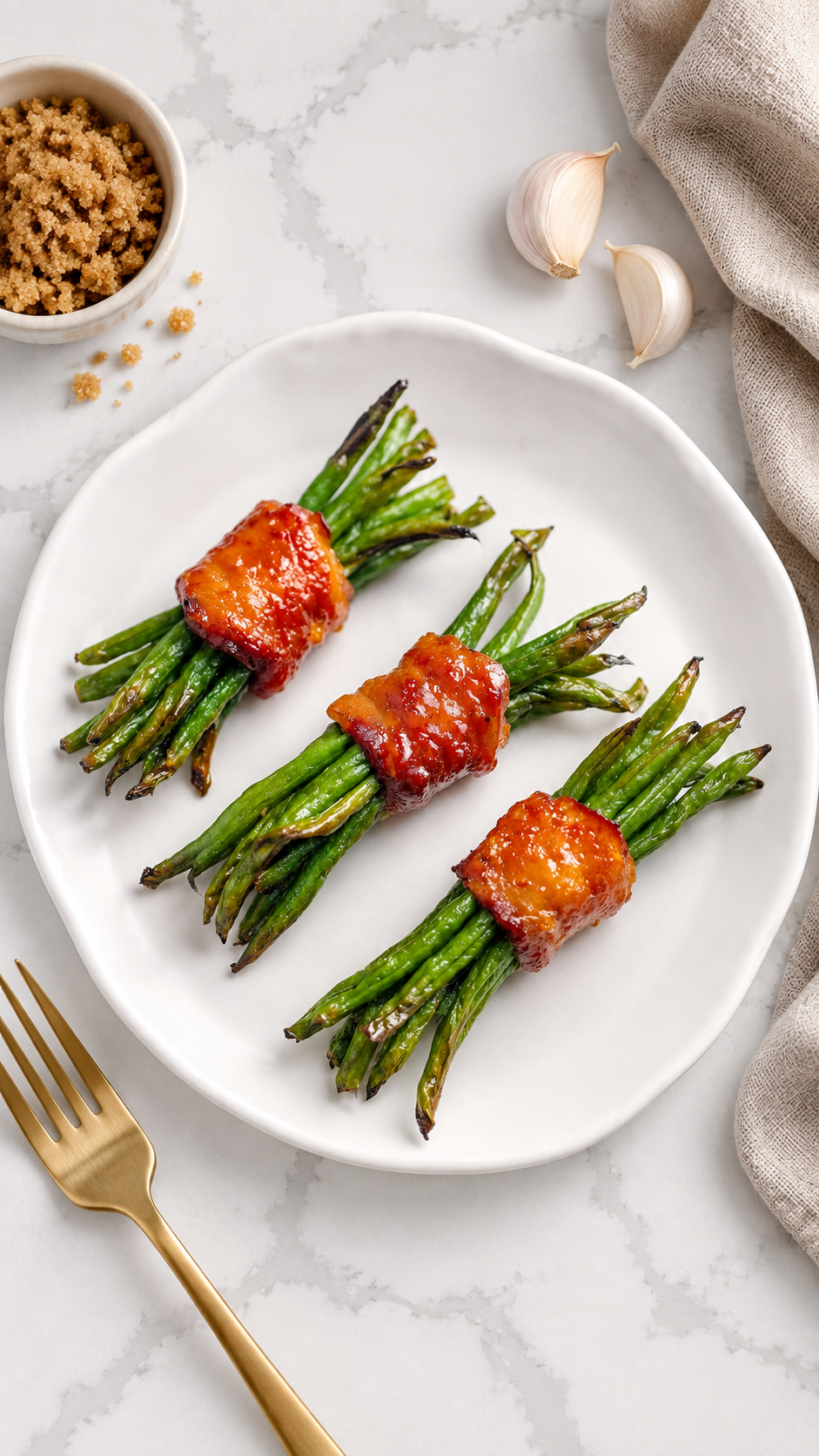 Overhead view of green bean bundles wrapped in bacon.