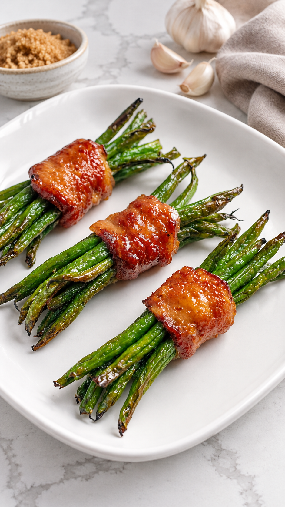 Close-up of browned bacon wrapped around whole green beans.