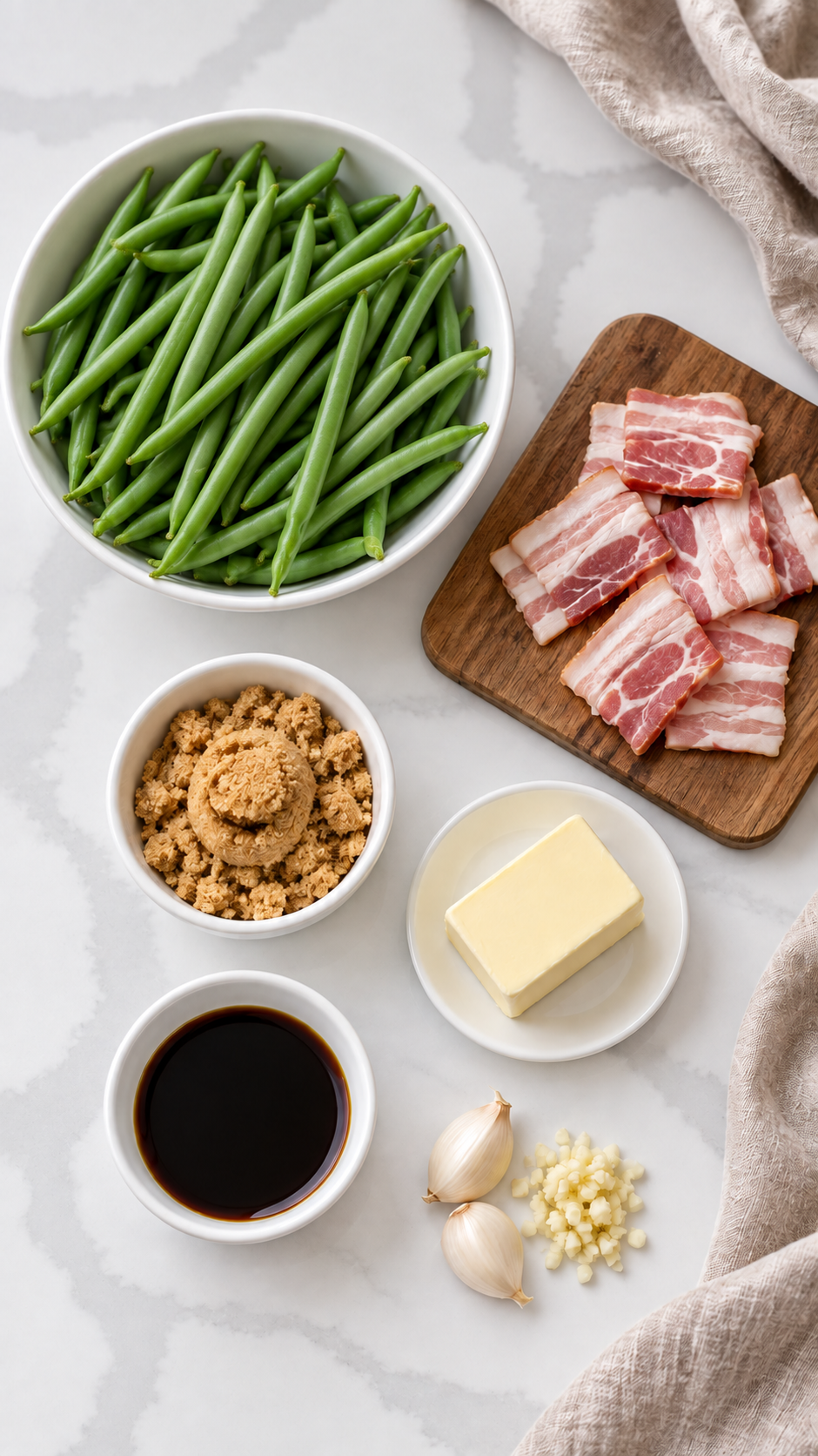 Whole green beans, bacon, brown sugar, butter, soy sauce, and garlic for green bean bundles.