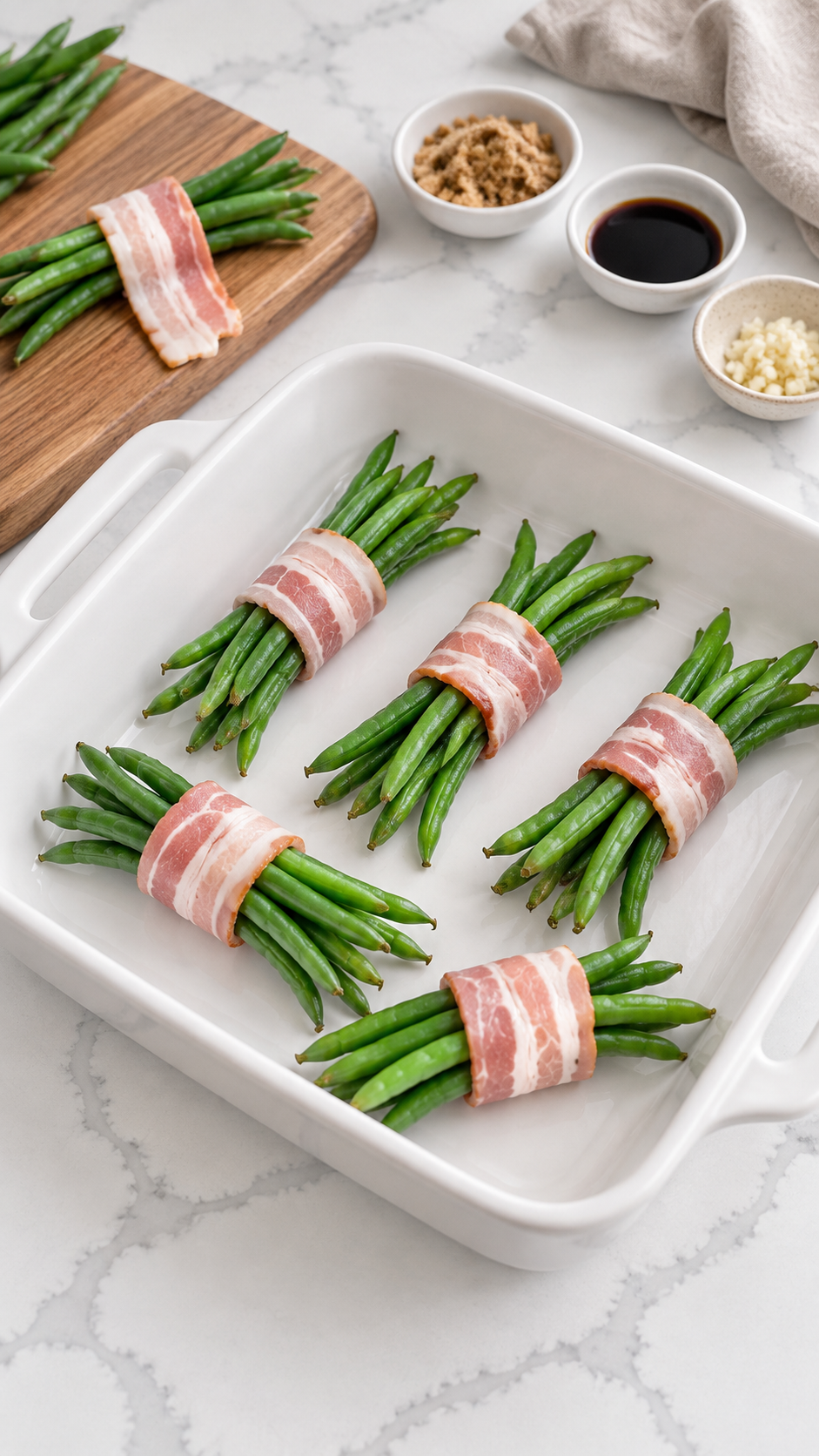 Green beans wrapped with short pieces of raw bacon before baking.