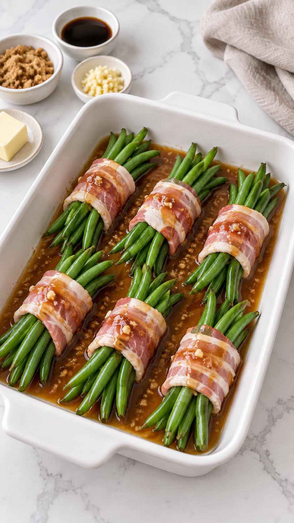 Unbaked bacon-wrapped green bean bundles coated with sauce in a baking dish.