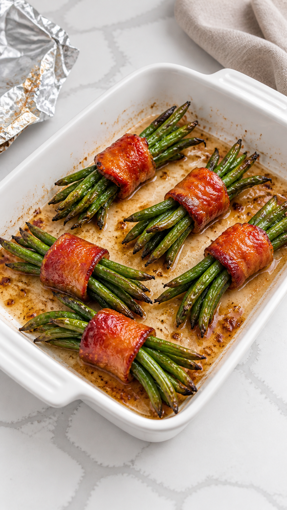 Baked green bean bundles in a white baking dish beside foil.