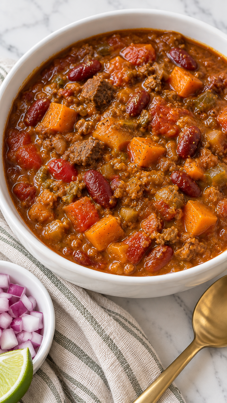 Close-up of beef, kidney beans and sweet potato pieces in pumpkin chili