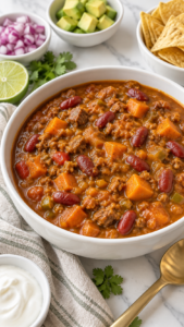 Guinness pumpkin chili with beef, kidney beans and sweet potatoes in a white bowl