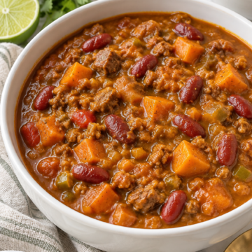 Guinness pumpkin chili with beef, kidney beans and sweet potatoes in a white bowl
