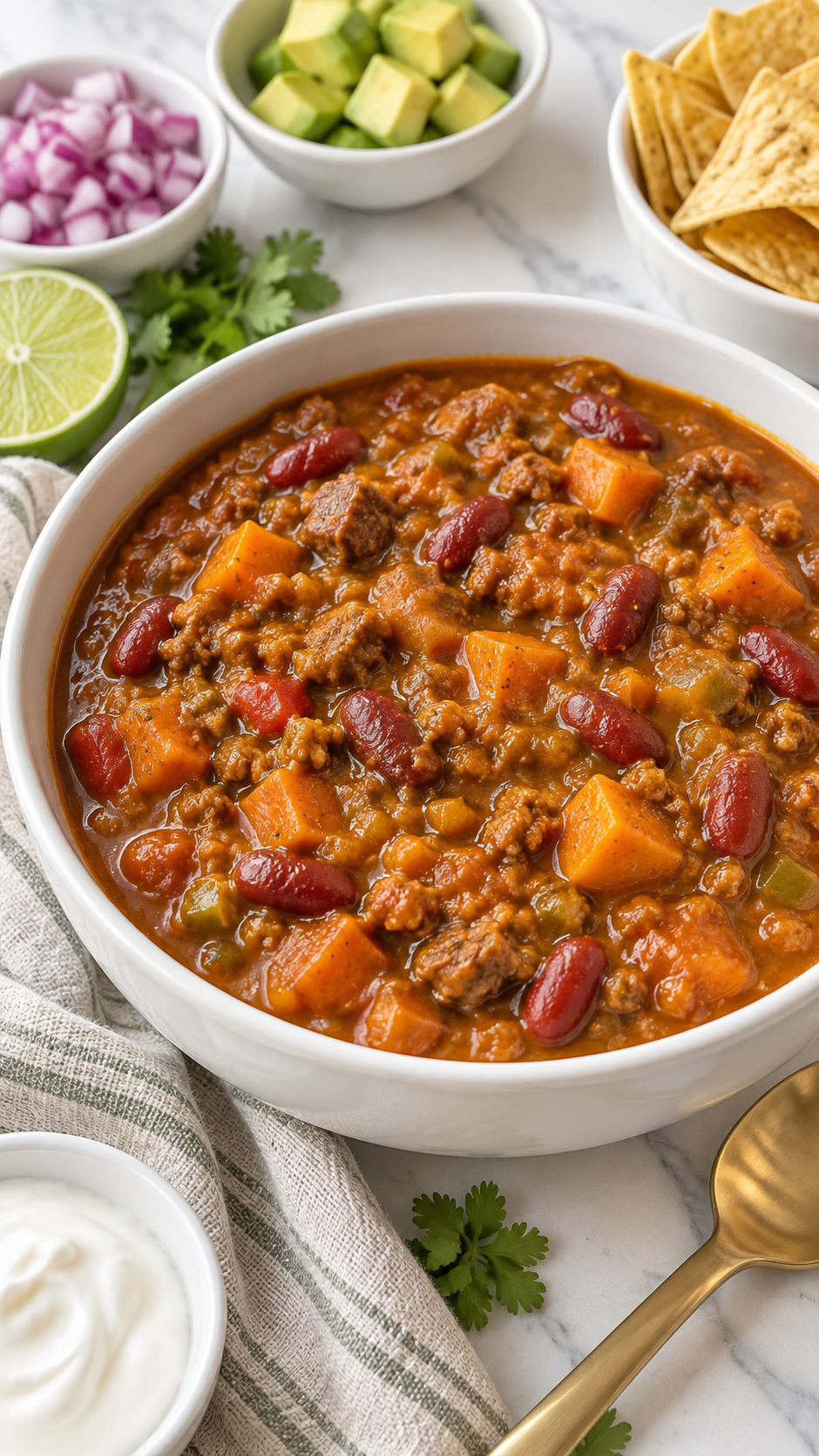 Guinness pumpkin chili with beef, kidney beans and sweet potatoes in a white bowl