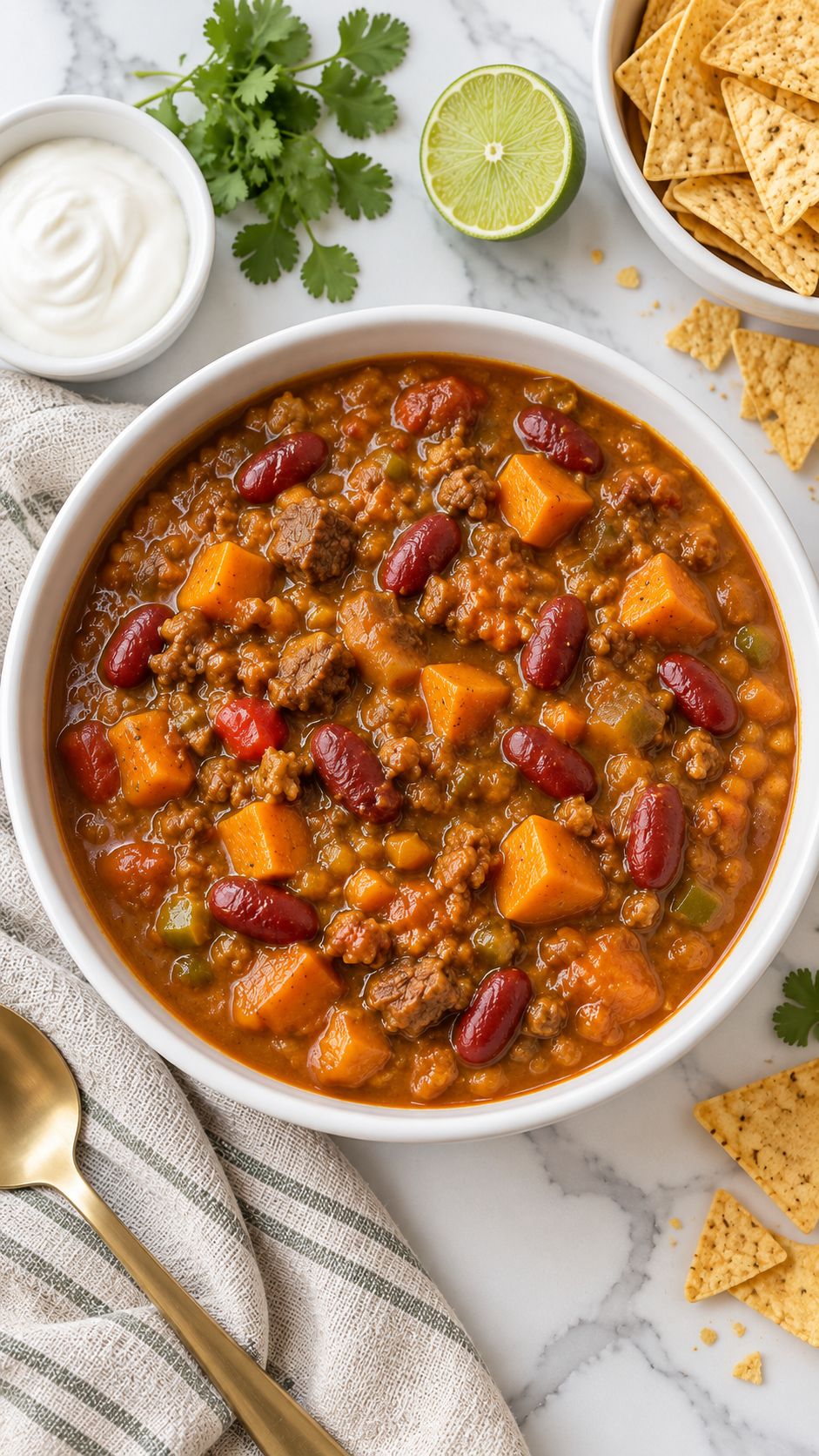 Overhead view of Guinness pumpkin chili with lime and tortilla chips