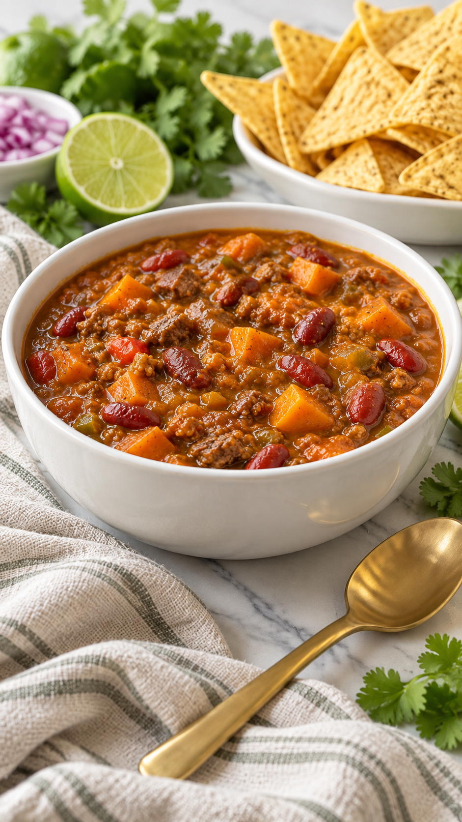 Low-angle view of pumpkin chili in a white ceramic bowl