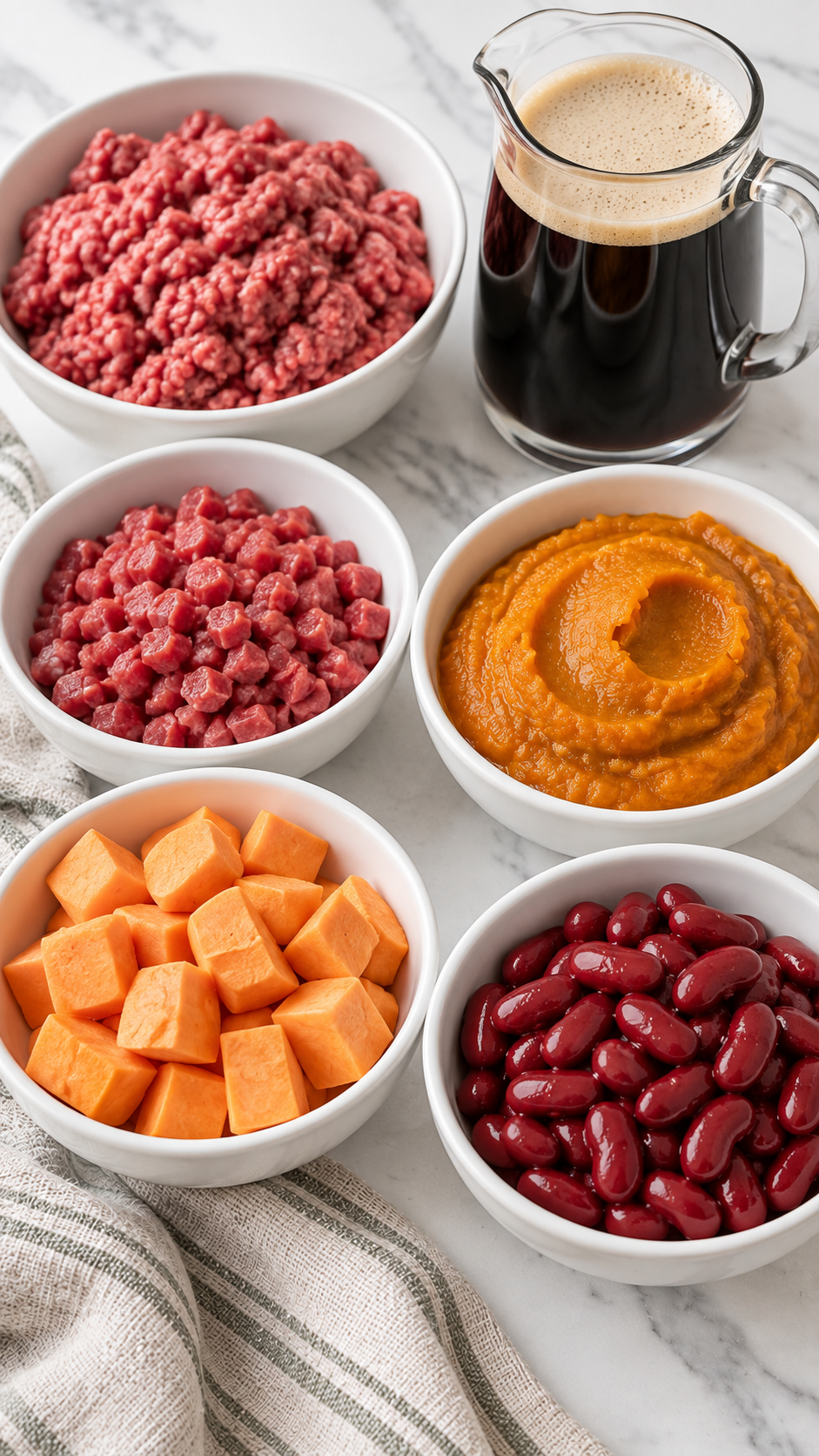 Ground beef, finely diced beef, pumpkin puree, stout, sweet potatoes and kidney beans