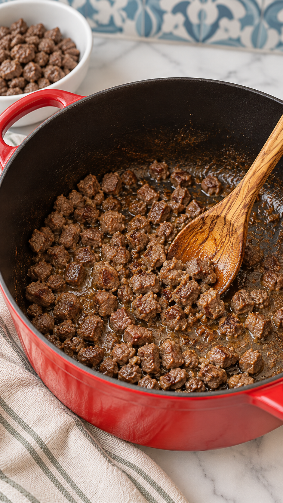Diced beef browning in a red Dutch oven with cooked ground beef set aside