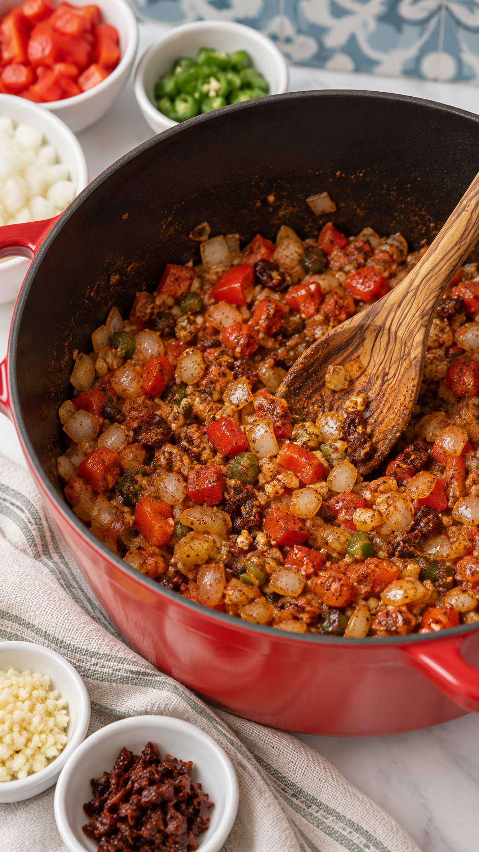 Onion and peppers coated in chili spices in a red Dutch oven