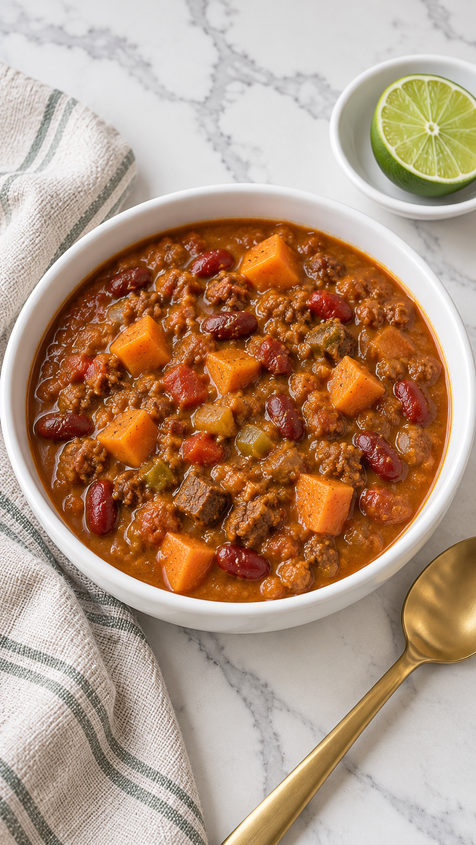 Finished pumpkin chili served beside fresh lime and a gold spoon