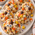 Halloween popcorn balls with candy corn, candy eyes and colorful ghost sprinkles on a white oval platter.