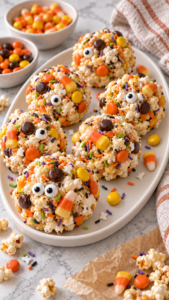 Halloween popcorn balls with candy corn, candy eyes and colorful ghost sprinkles on a white oval platter.