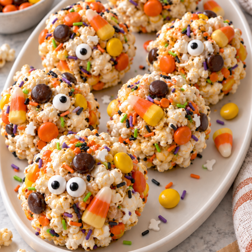 Halloween popcorn balls with candy corn, candy eyes and colorful ghost sprinkles on a white oval platter.