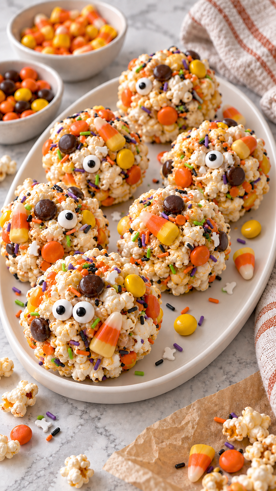 Halloween popcorn balls with candy corn, candy eyes and colorful ghost sprinkles on a white oval platter.