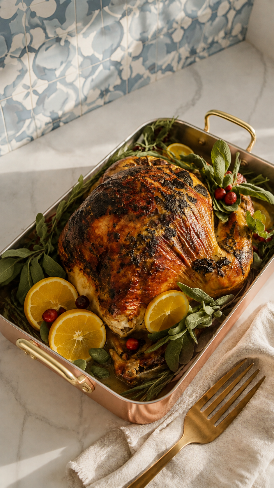 Juicy oven bag turkey with browned herb butter skin on a holiday serving tray