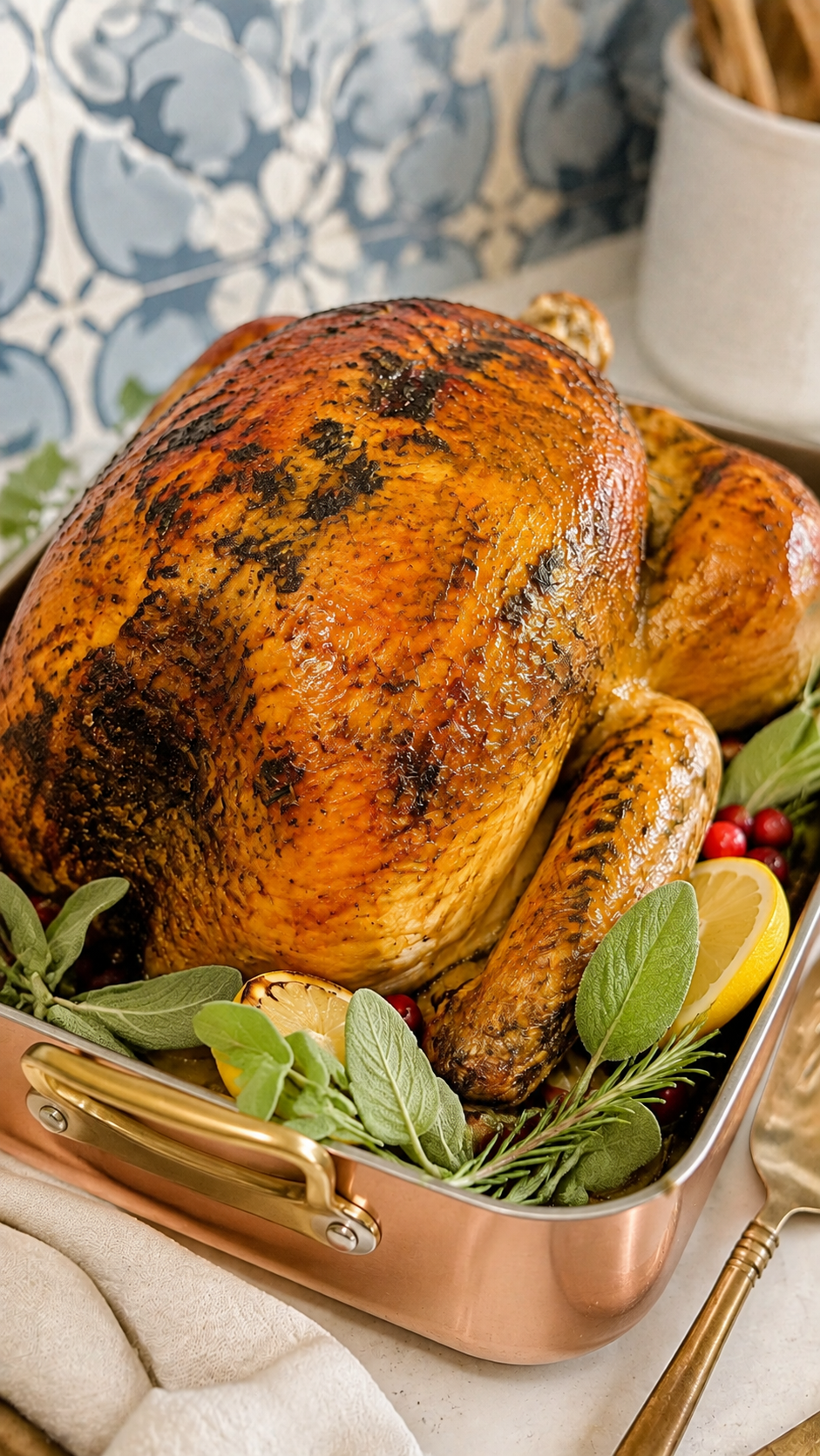 Close view of crisp golden skin on garlic herb butter roasted turkey