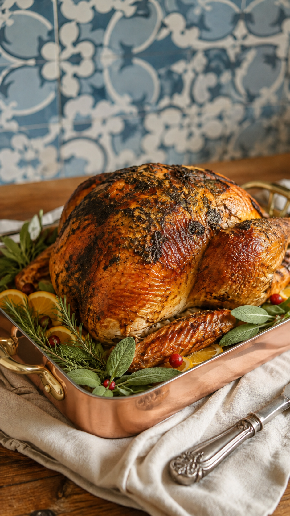 Golden herb butter roasted turkey ready to carve and serve