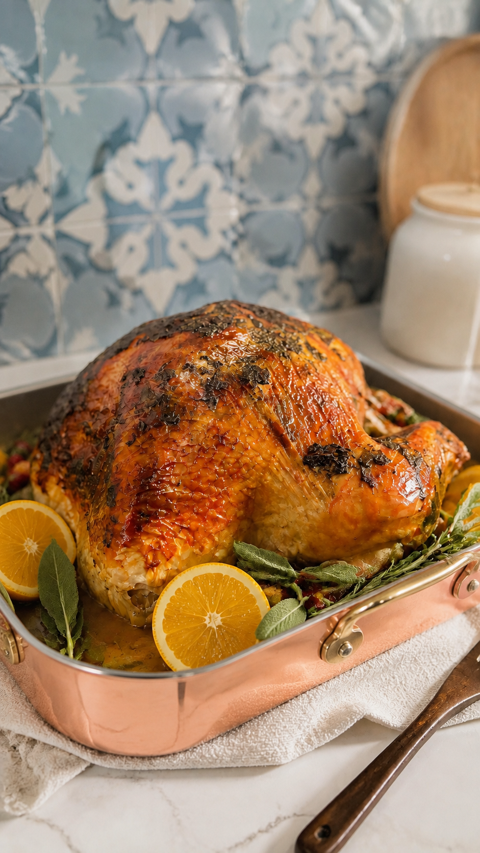Herb butter roasted turkey in an oven bag, finished golden brown with fresh sage and lemon
