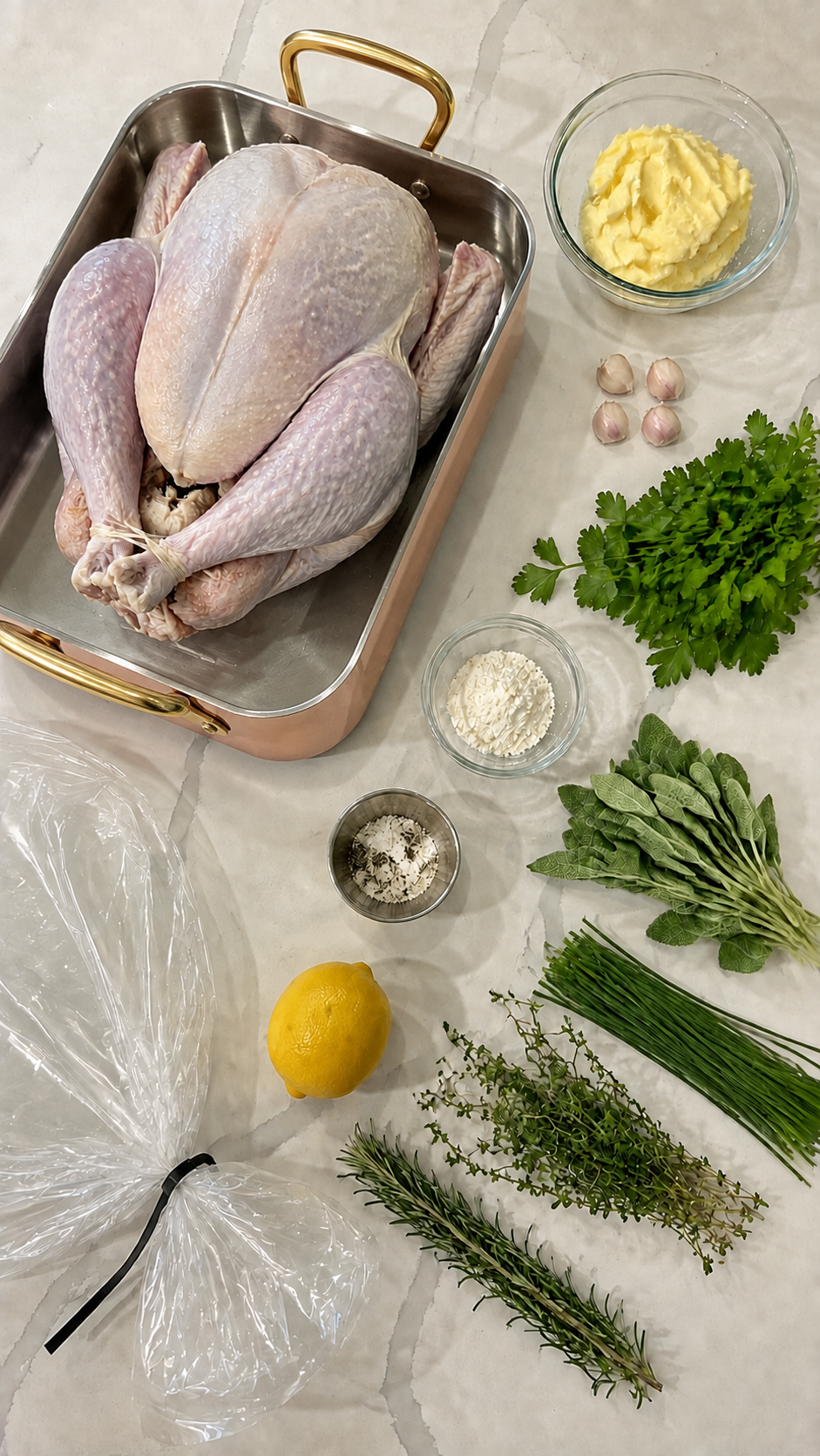 Fresh herbs, garlic, lemon, butter, seasoned salt, turkey oven bag, and whole turkey ingredients