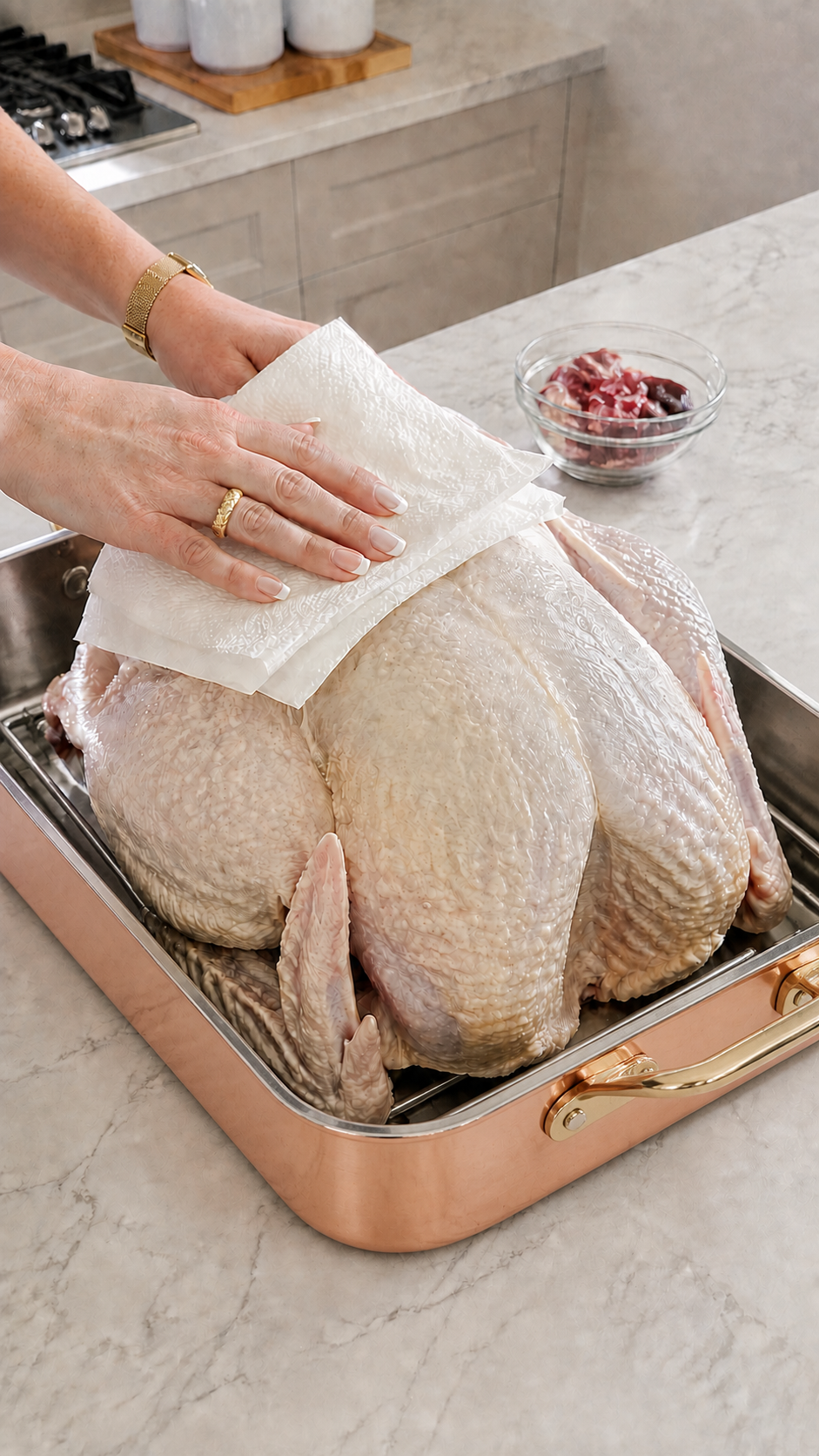 Fully thawed turkey patted dry before adding herb butter