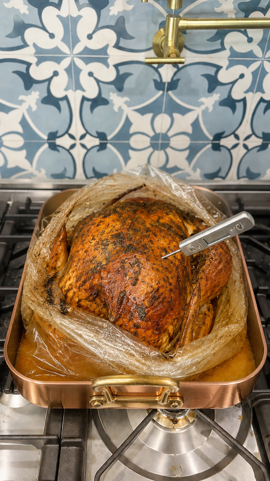 Roasted turkey resting in its oven bag before carving