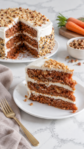 Three-layer carrot cake with cream cheese frosting and pecans beside a plated slice.