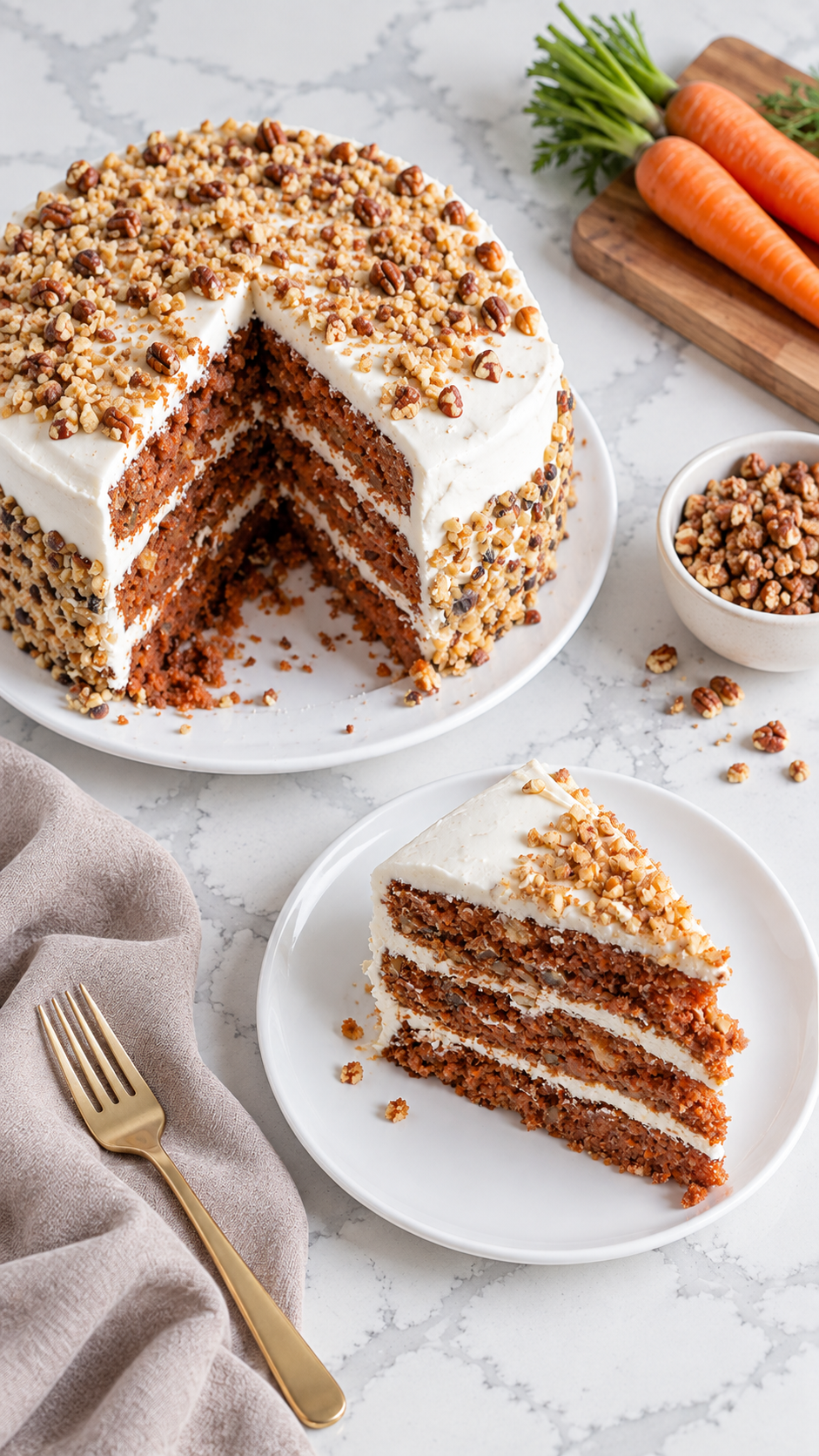 Higher view of pecan-coated carrot cake with a wedge removed and a slice on a white plate.