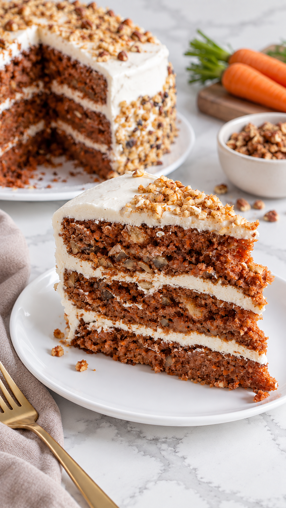Close-up of carrot cake crumb and cream cheese frosting between three layers.