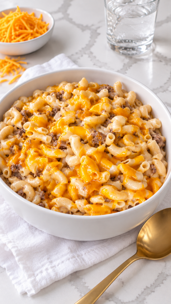 Creamy homemade cheeseburger macaroni ready to serve