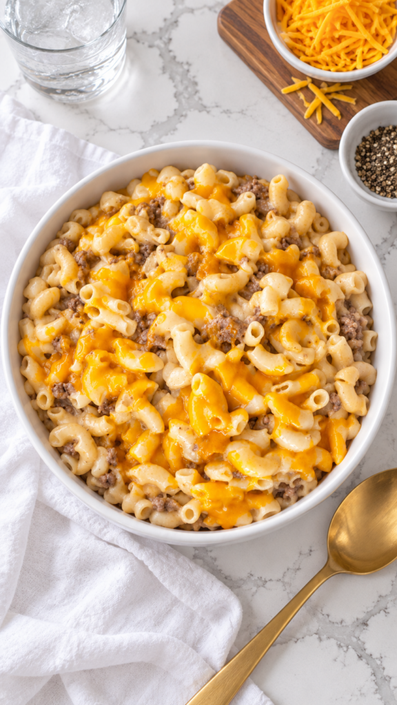 Overhead view of creamy cheeseburger macaroni in a white ceramic serving bowl