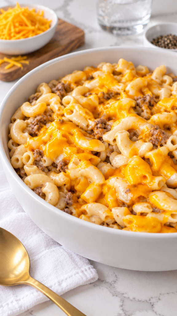 Close view of elbow macaroni and ground beef coated in melted cheddar sauce