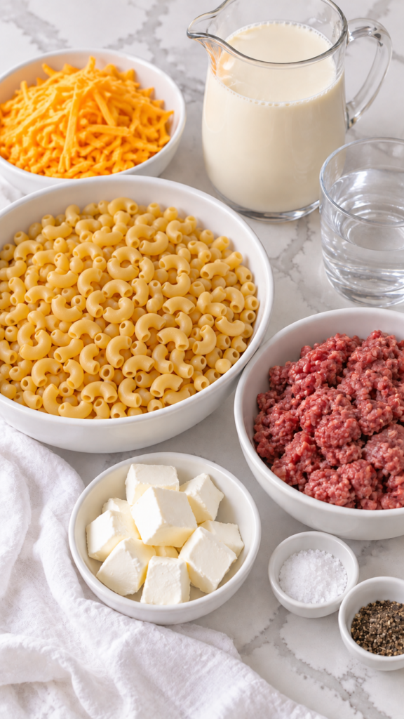 Elbow macaroni, ground beef, cream cheese, cheddar, evaporated milk, salt, pepper, and water