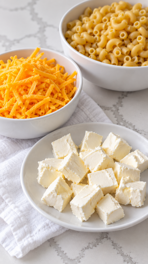 Shredded sharp cheddar and cubed cream cheese prepared before making the sauce