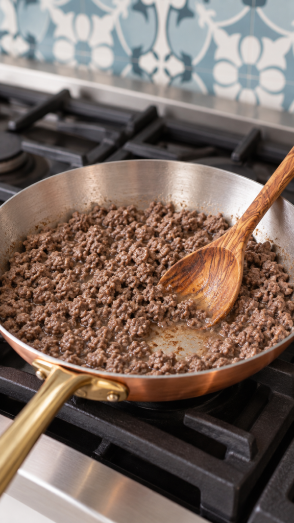 Browned ground beef and water in a skillet after loosening the browned bits
