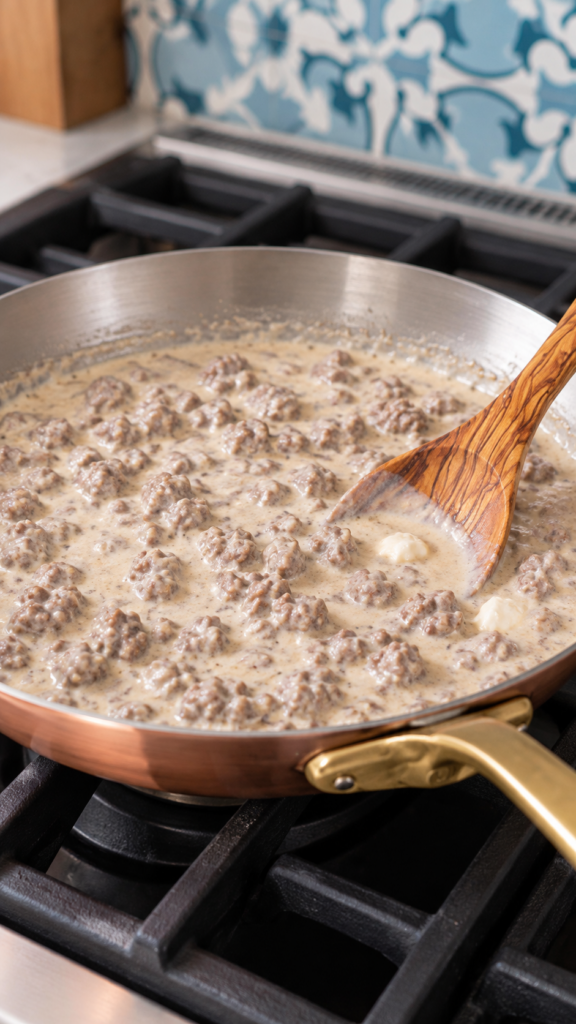 Ground beef in a smooth cream cheese and evaporated milk sauce