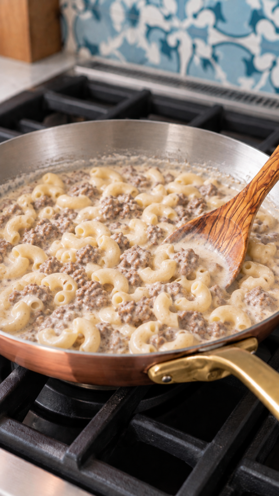Cooked elbow macaroni folded into the creamy beef sauce