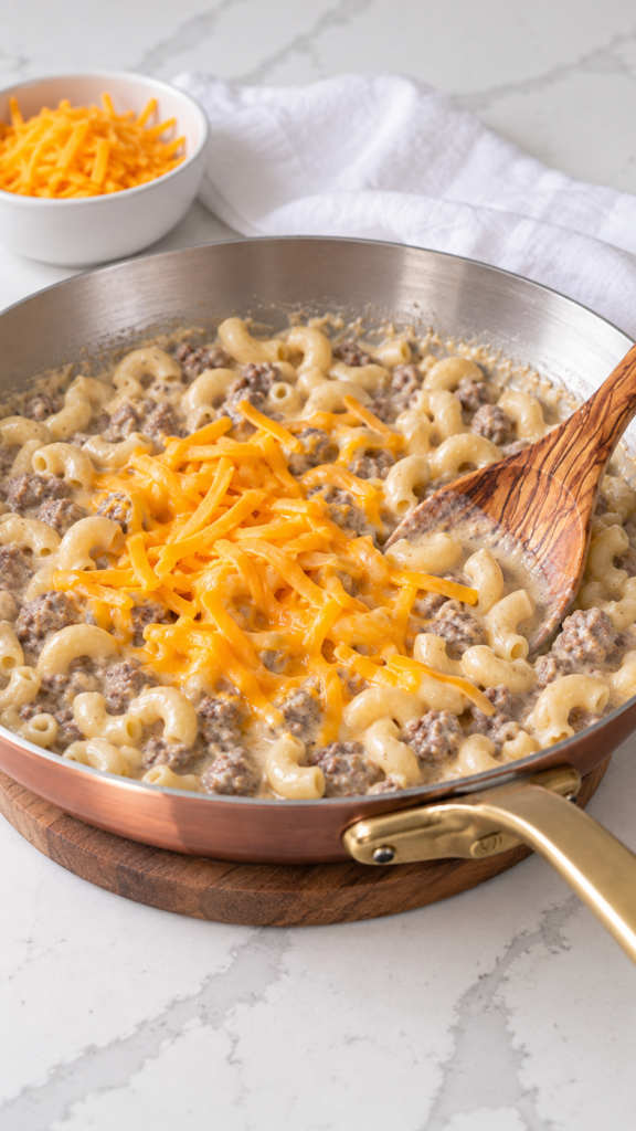 Sharp cheddar stirred into cheeseburger macaroni with the skillet off the heat