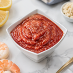 Homemade cocktail sauce in a white bowl with shrimp, lemon, and prepared horseradish