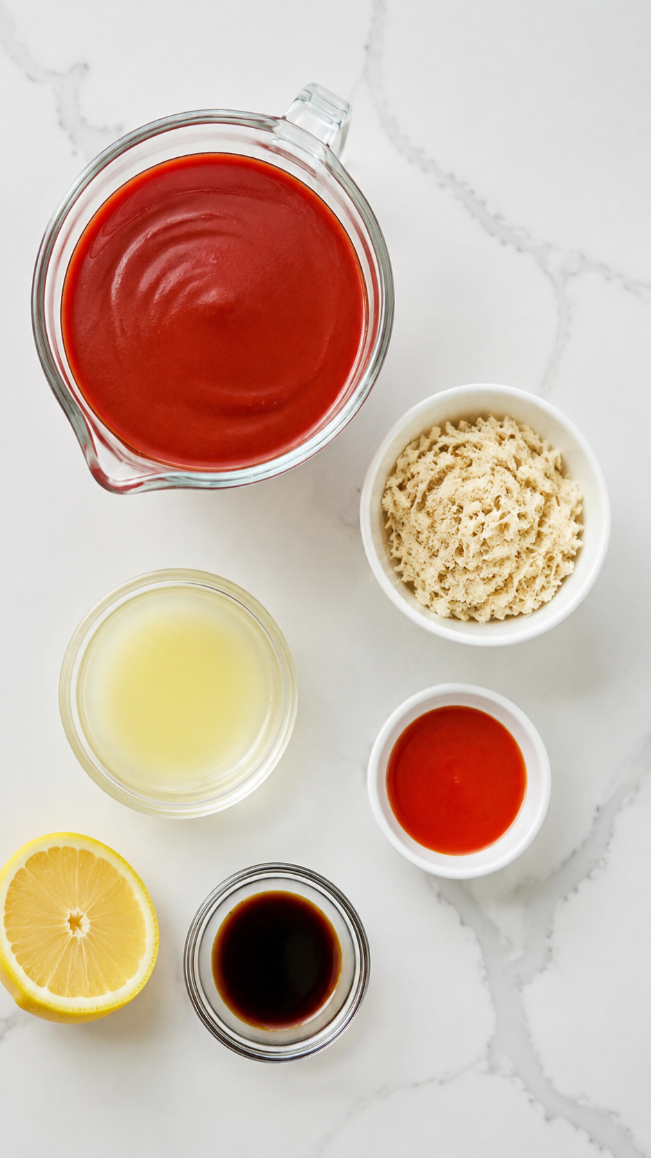 Ketchup, prepared horseradish, lemon juice, hot sauce, and Worcestershire for homemade cocktail sauce