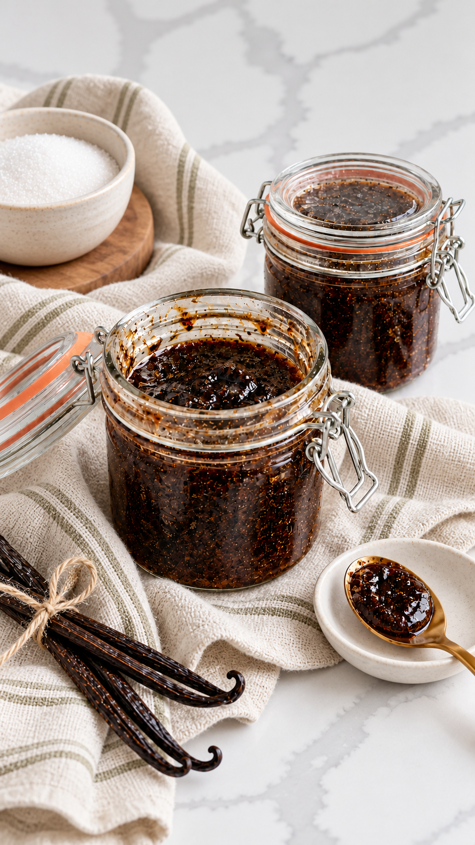 Two jars of finished vanilla bean paste with striped linen, vanilla pods, and a spoon on an ivory saucer.