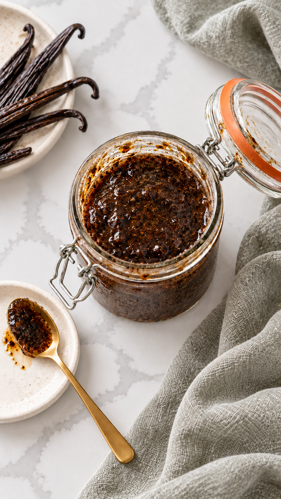 Overhead view of vanilla bean paste with a gold spoon, vanilla pods, ivory dishes, and softly rumpled sage linen.