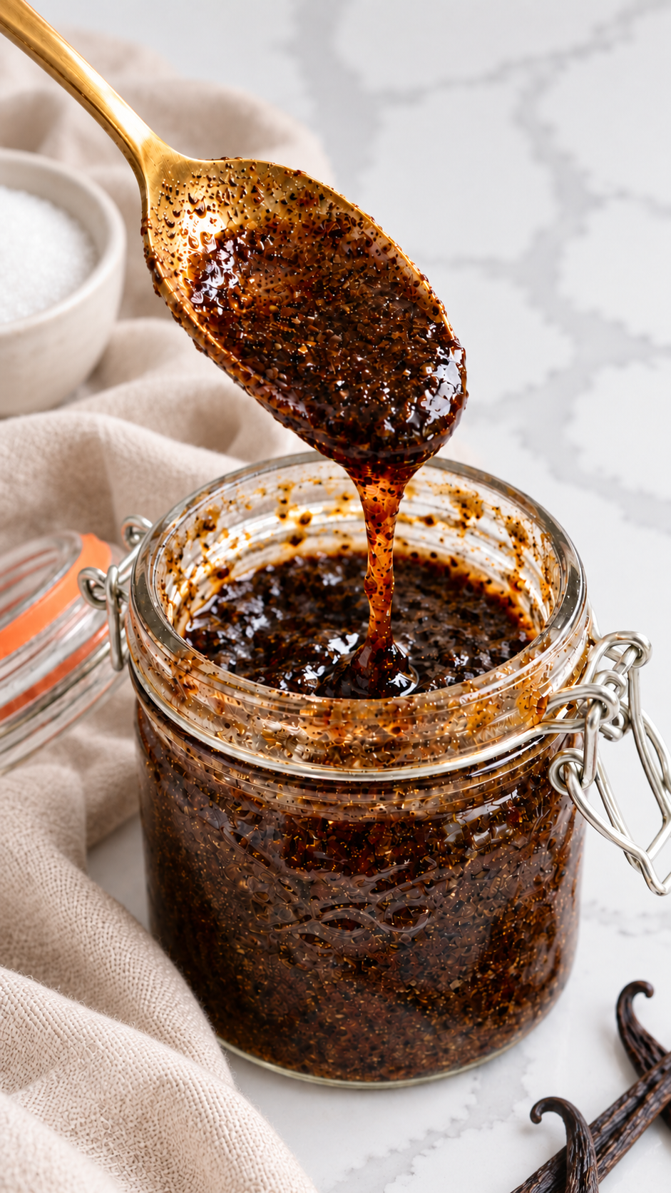 Close view of dark amber vanilla bean paste ribboning from a gold spoon, with small visible pod flecks.