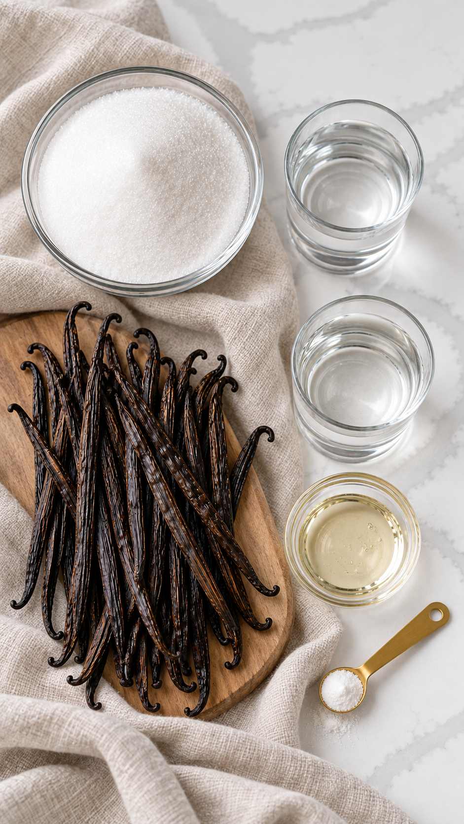 Whole vanilla beans, white sugar, water, vodka, light corn syrup, and a small measure of xanthan gum arranged on linen and wood.