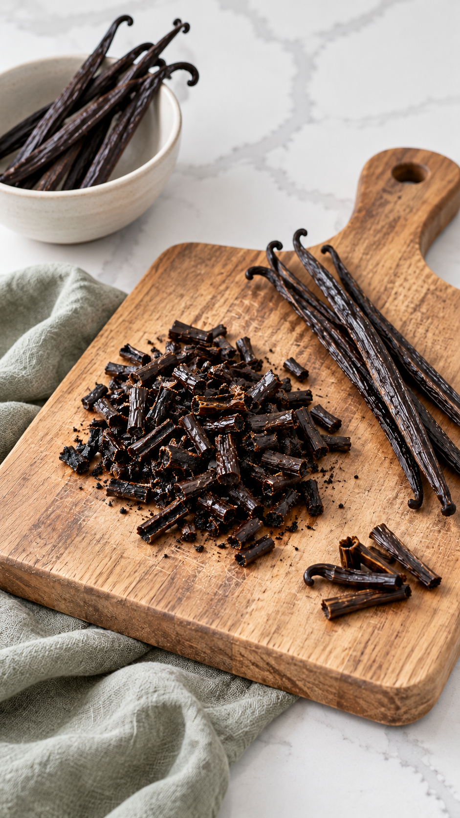 Coarsely chopped whole vanilla beans on a wooden board with trimmed ends and remaining whole pods.