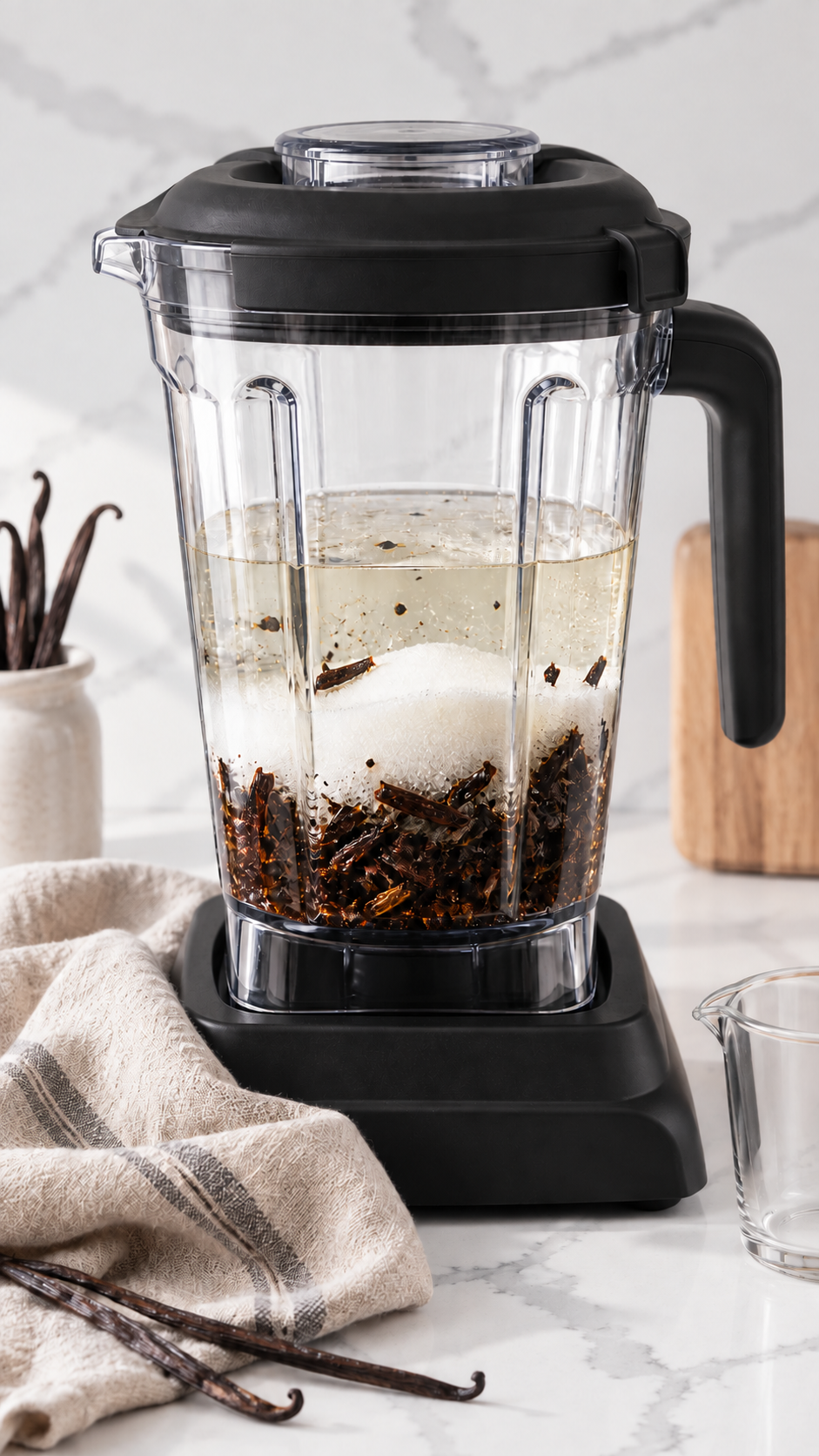 Chopped vanilla beans and the unblended liquid and sugar base in a blender with its lid secured.